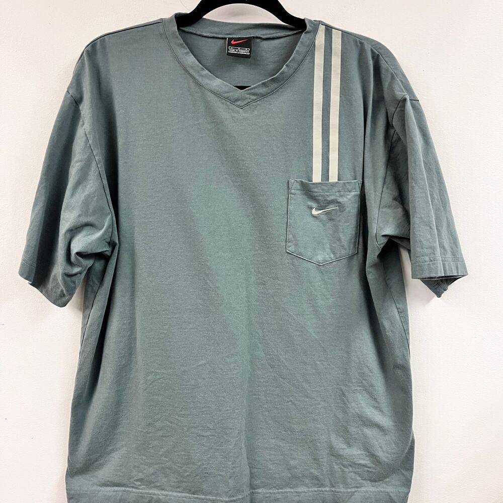 Men's Nike Large 100% cotton v neck short sleeve stripe tee dusty blue green